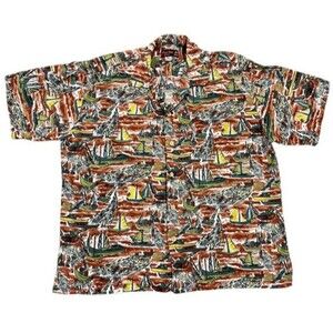 Vintage Coral Reef Hawaii Men's Hawaiian Aloha Fish Boats Shirt Made In Hawaii